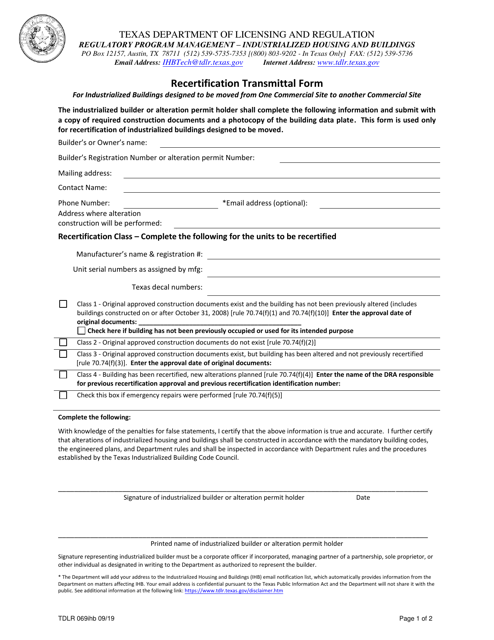 TDLR Form 069IHB Recertification Transmittal Form - Texas