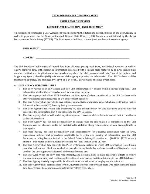 Form LES201304161440 License Plate Reader (Lpr) User Agreement - Texas