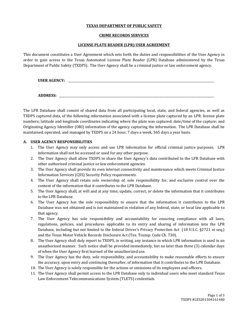 Form LES201304161440 License Plate Reader (Lpr) User Agreement - Texas, Page 1