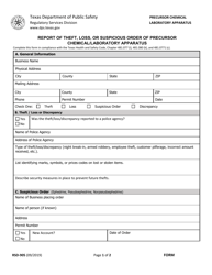 Form RSD-905 Report of Theft, Loss, or Suspicious Order of Precursor Chemical/Laboratory Apparatus - Texas