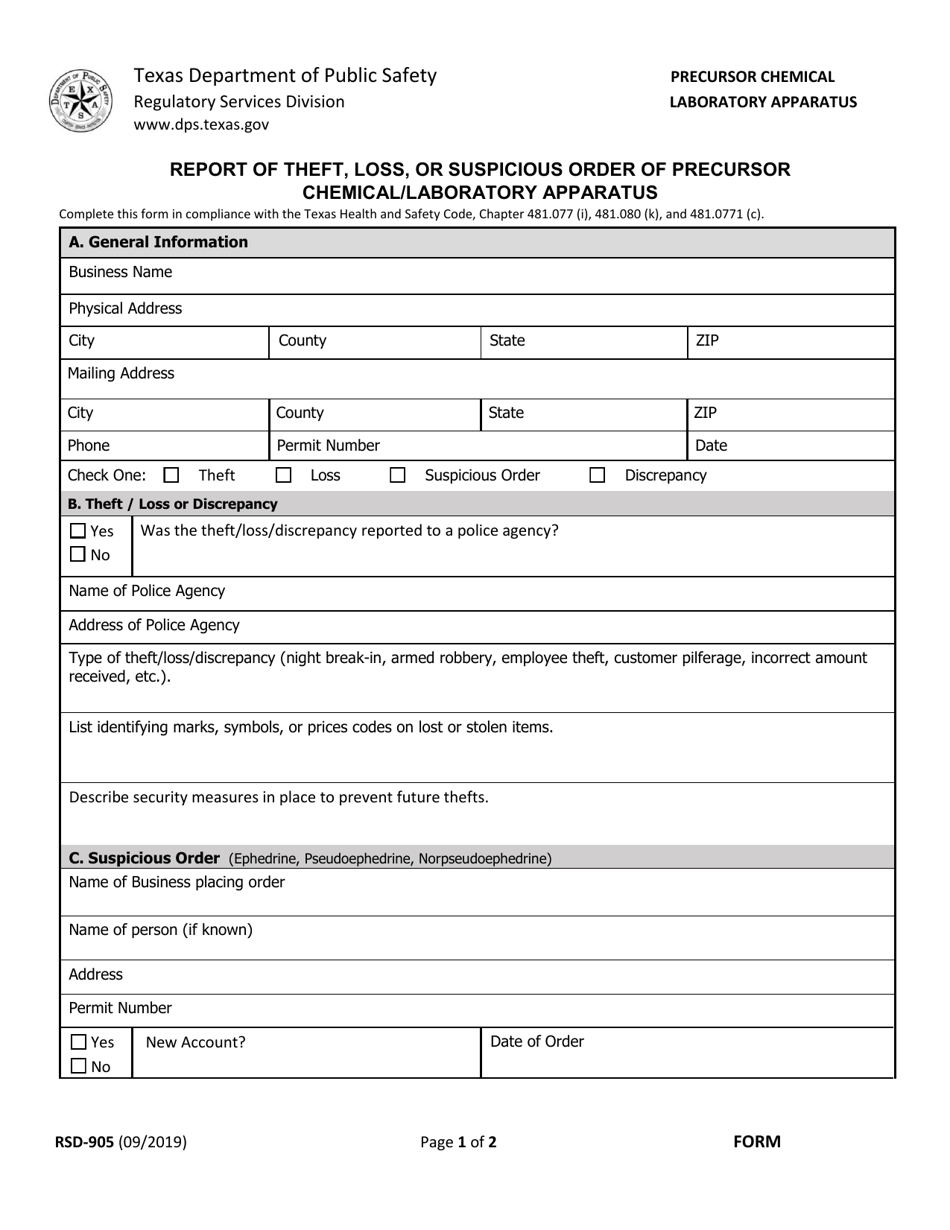 Form RSD-905 Report of Theft, Loss, or Suspicious Order of Precursor Chemical / Laboratory Apparatus - Texas, Page 1