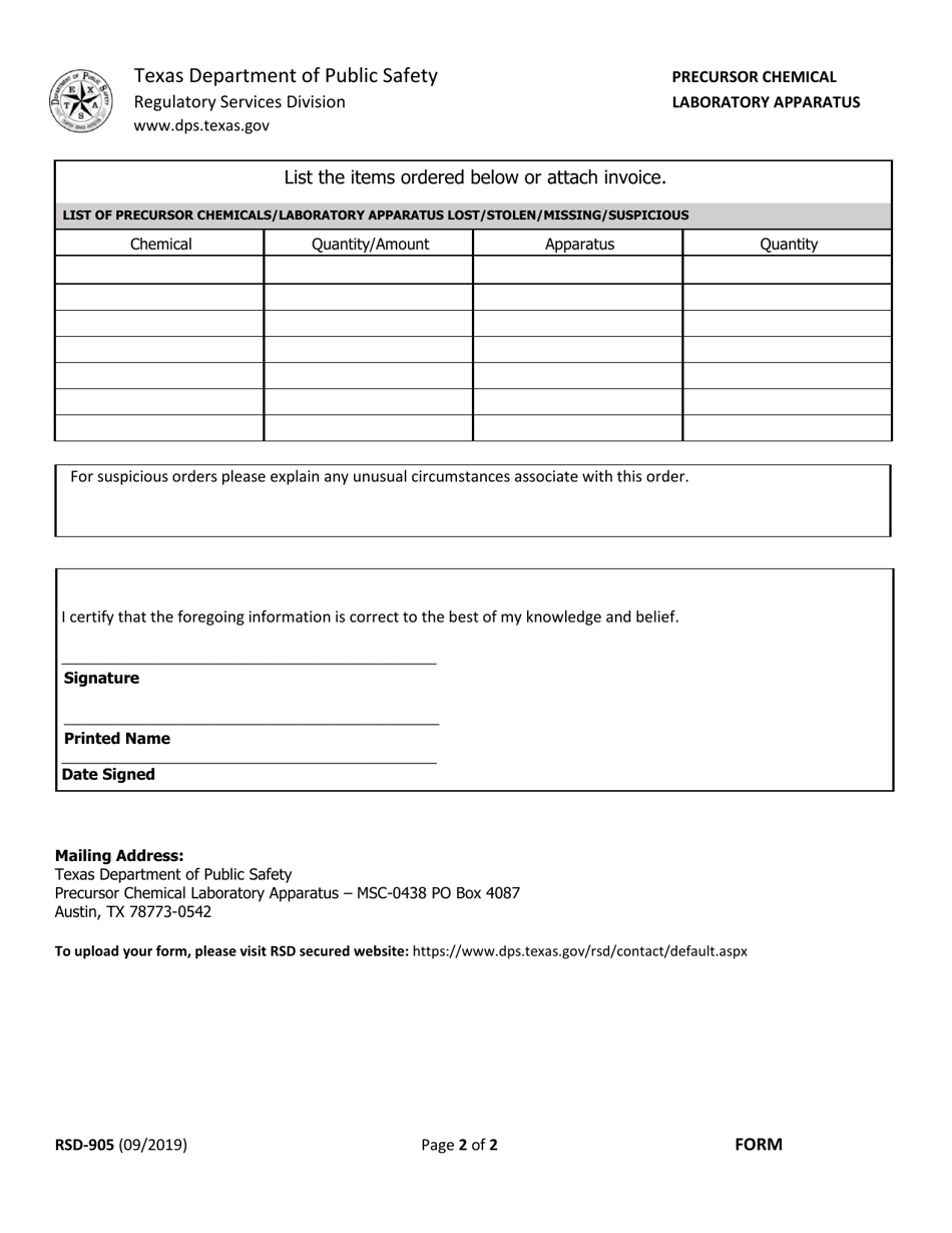 Form RSD-905 Report of Theft, Loss, or Suspicious Order of Precursor Chemical / Laboratory Apparatus - Texas, Page 2