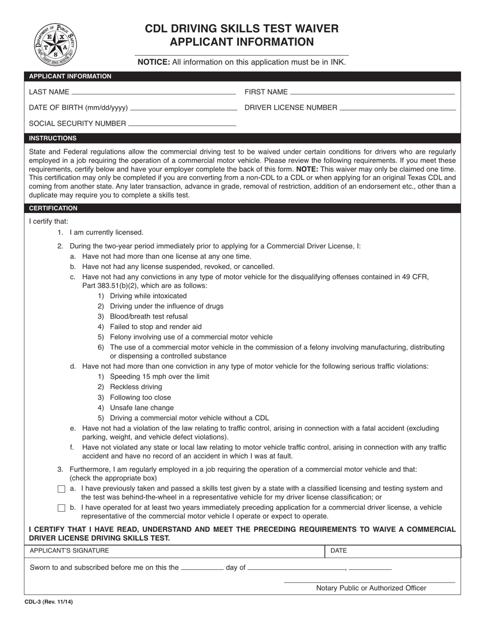 Form CDL-3 Cdl Driving Skills Test Waiver Applicant Information - Texas, Page 1