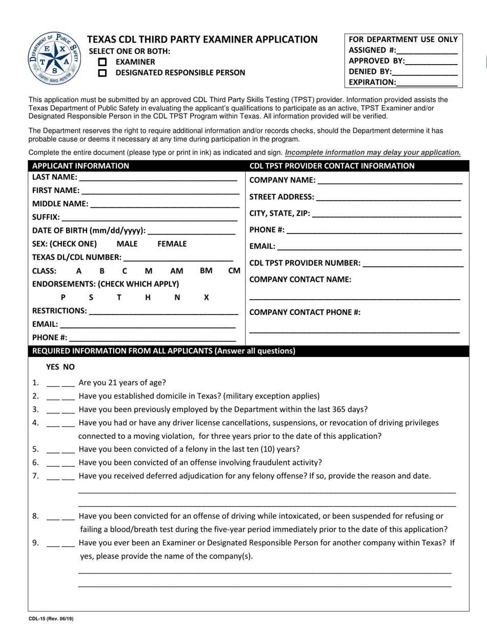 Form CDL-15 Texas Cdl Third Party Examiner Application - Texas, Page 1