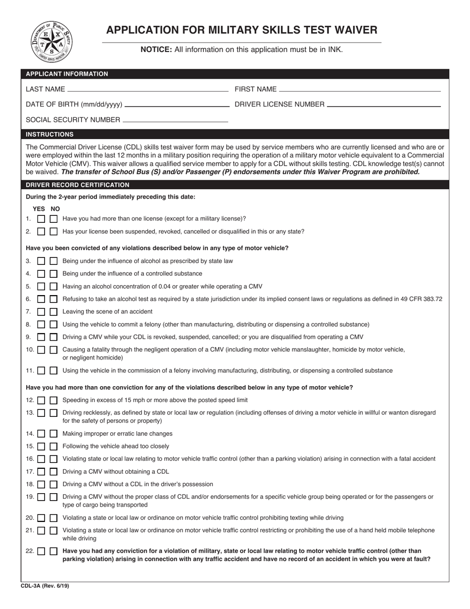 Form CDL-3A Application for Military Skills Test Waiver - Texas, Page 1