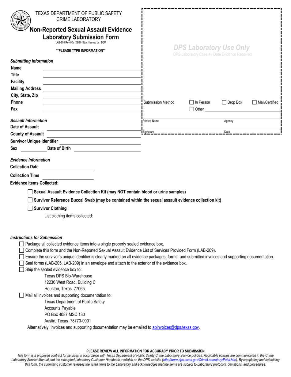 Form LAB-205 Non-reported Sexual Assault Evidence Laboratory Submission Form - Texas, Page 1