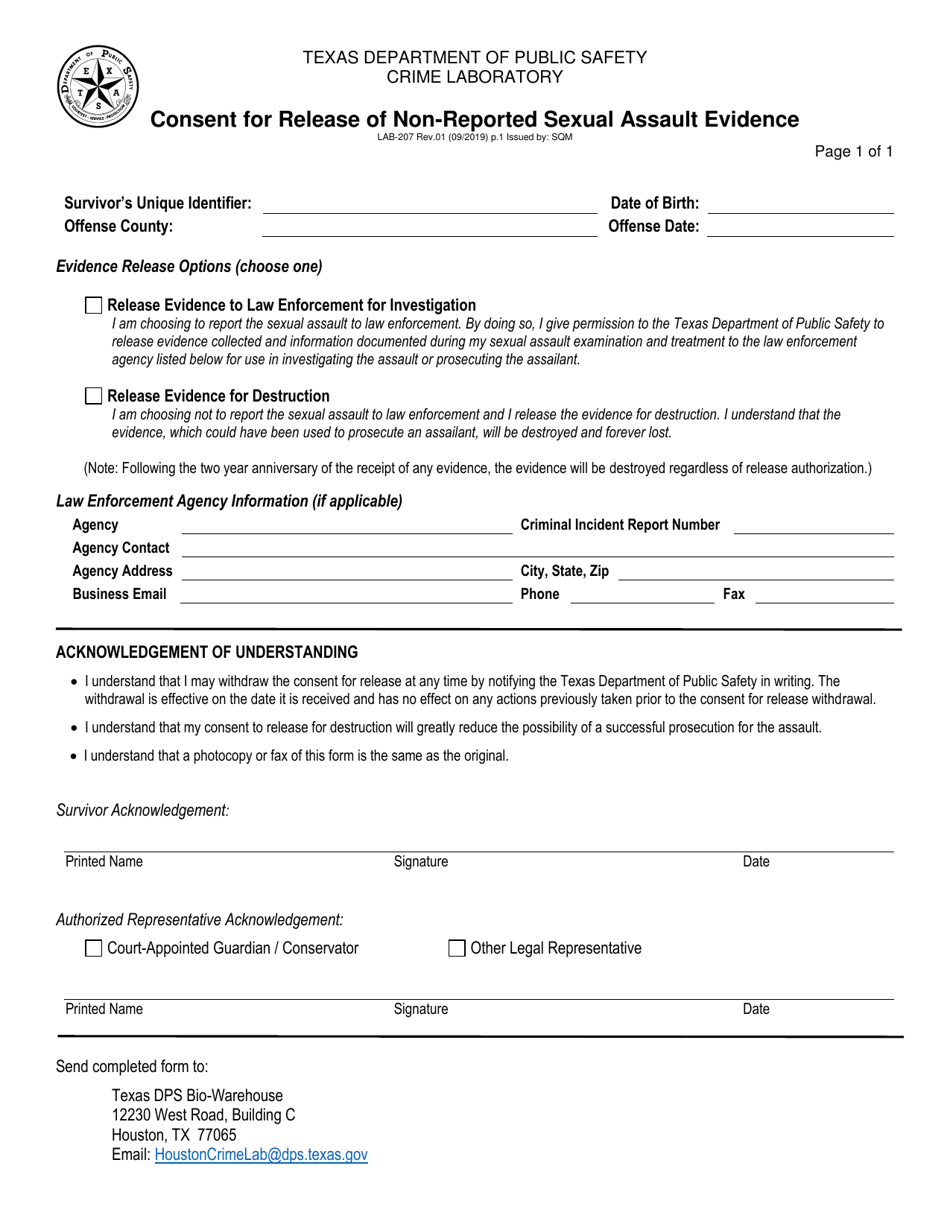 Form LAB-207 Consent for Release of Non-reported Sexual Assault Evidence - Texas, Page 1