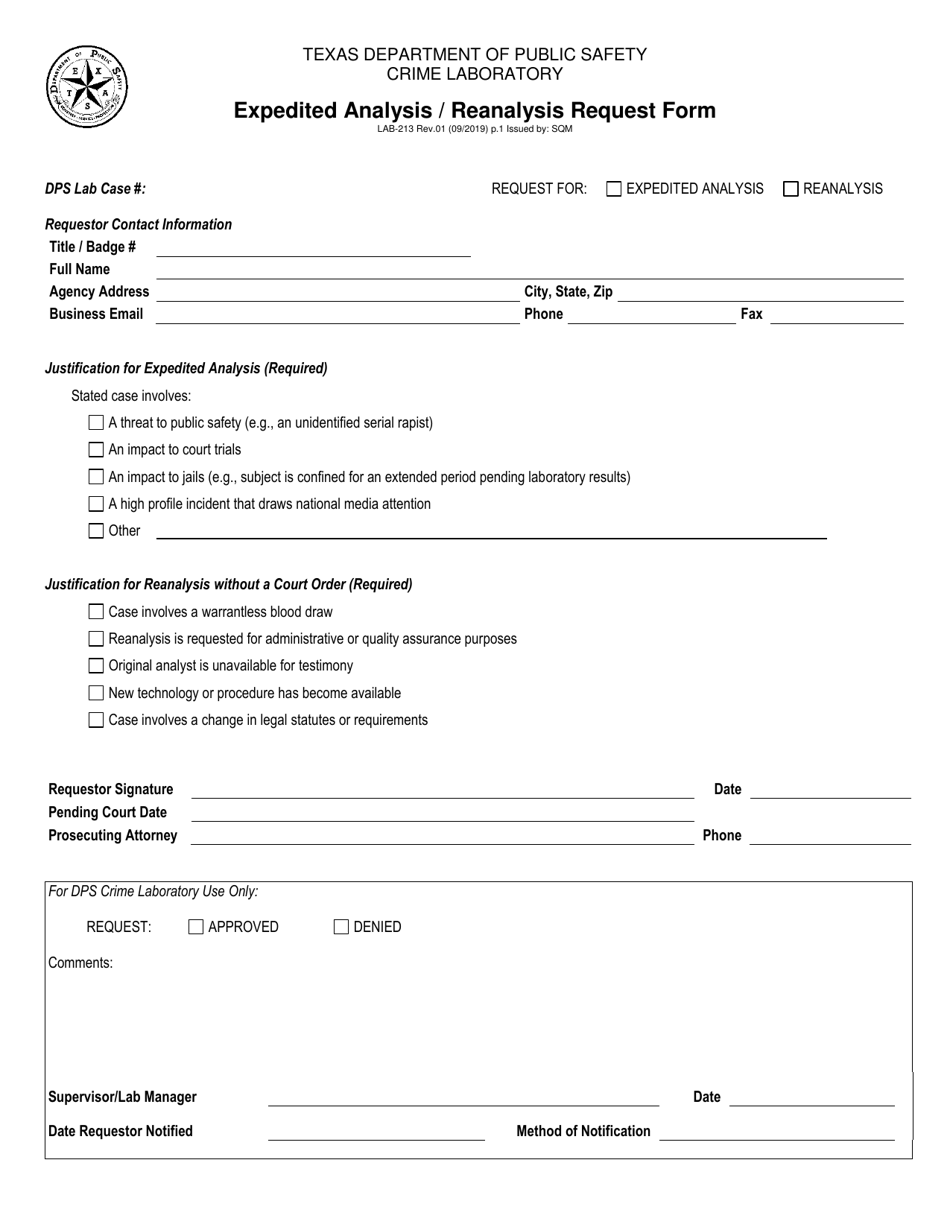 Form LAB-213 Expedited Analysis / Reanalysis Request Form - Texas, Page 1