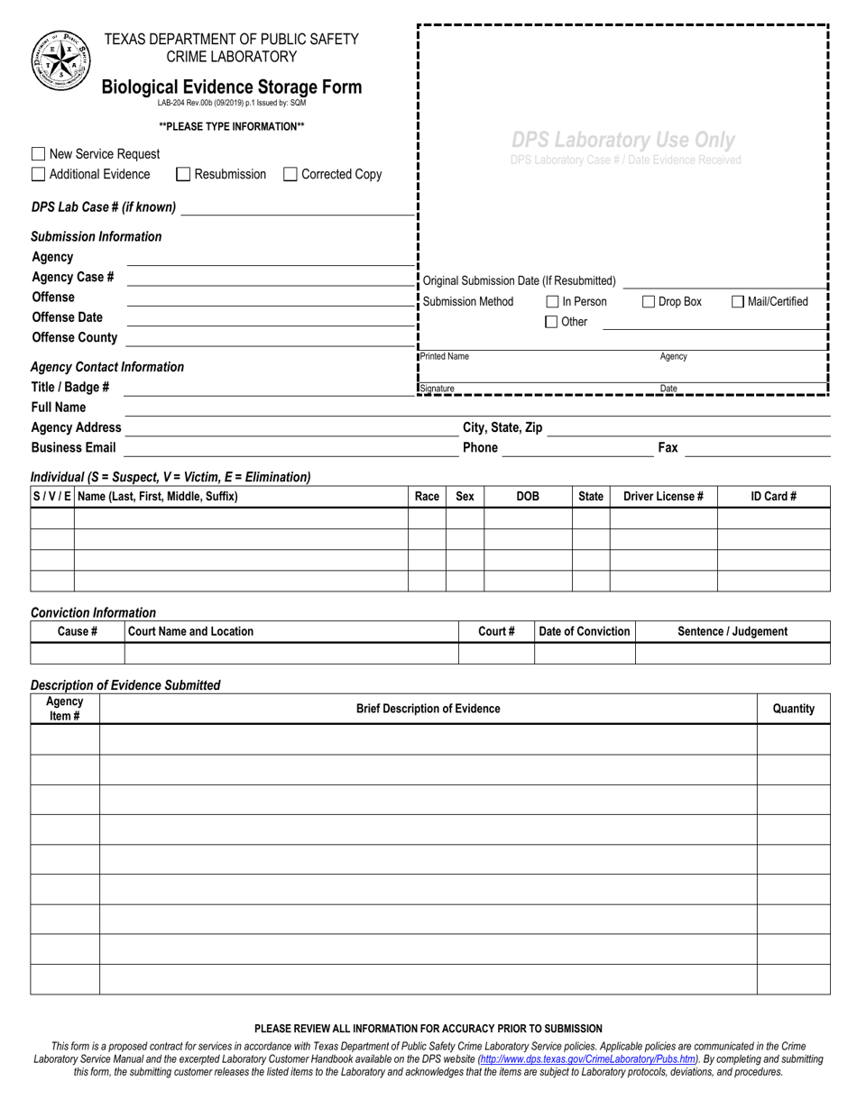 Form LAB-204 Biological Evidence Storage Form - Texas, Page 1