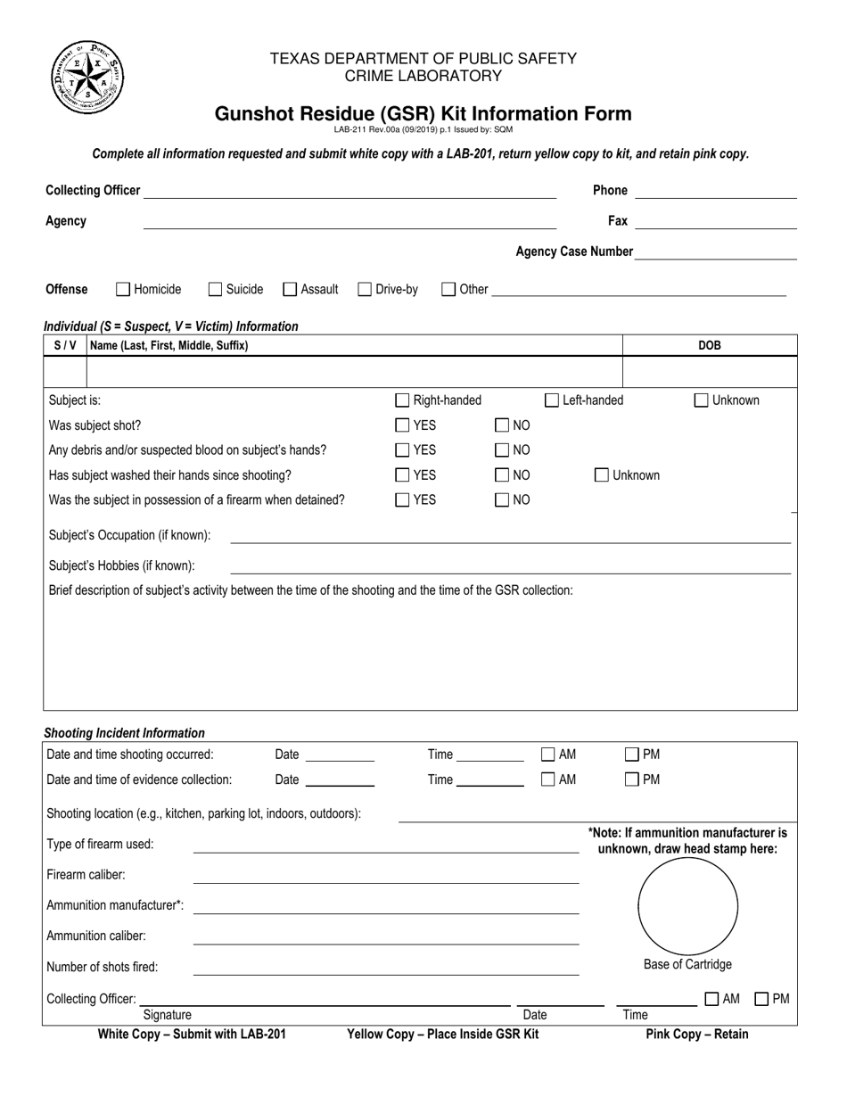 Form LAB-211 Gunshot Residue (Gsr) Kit Information Form - Texas, Page 1