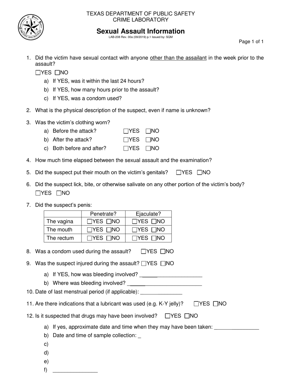 Form LAB-208 Sexual Assault Information - Texas, Page 1