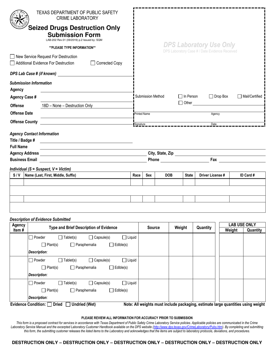 Form LAB-202 Seized Drugs Destruction Only Submission Form - Texas, Page 1