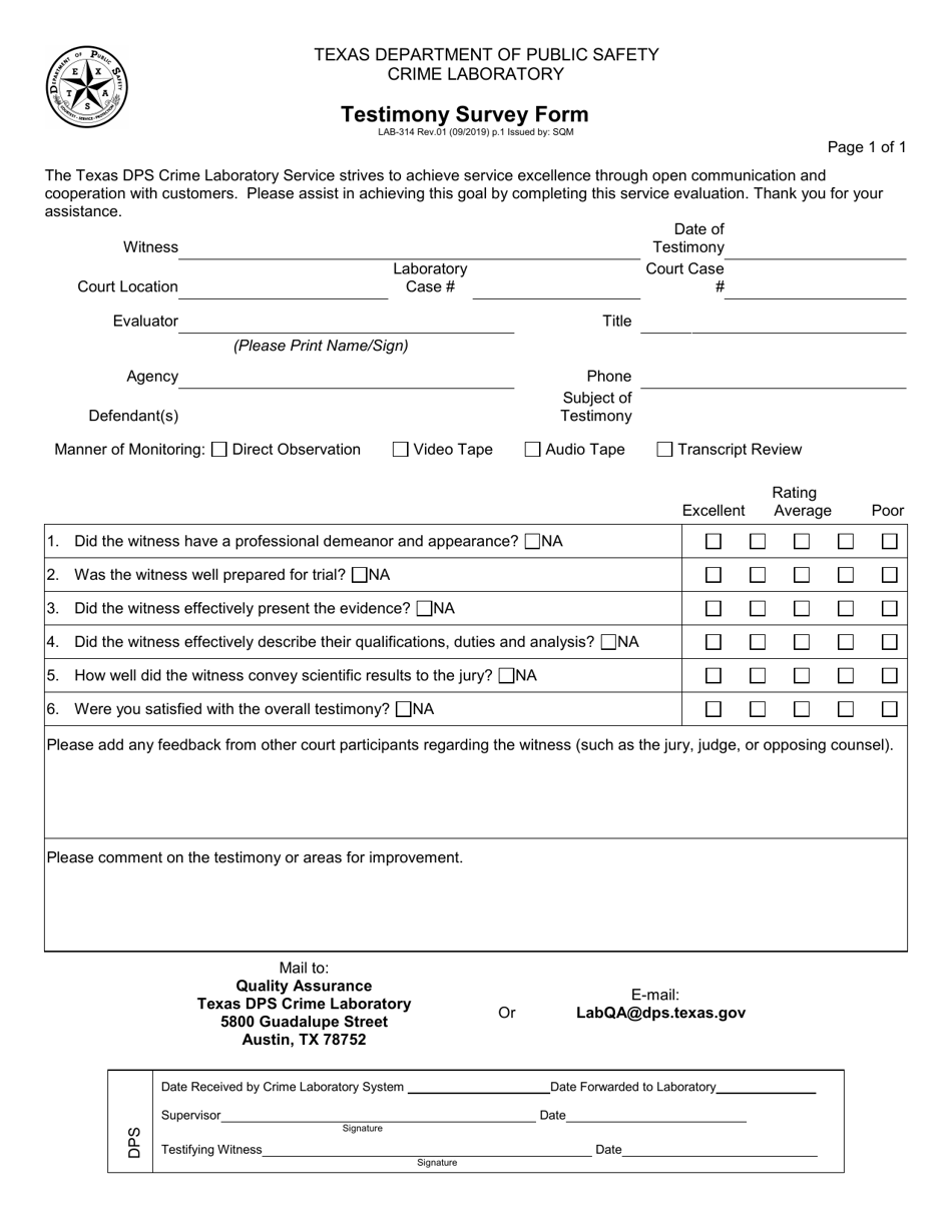 Form LAB-314 Testimony Survey Form - Texas, Page 1