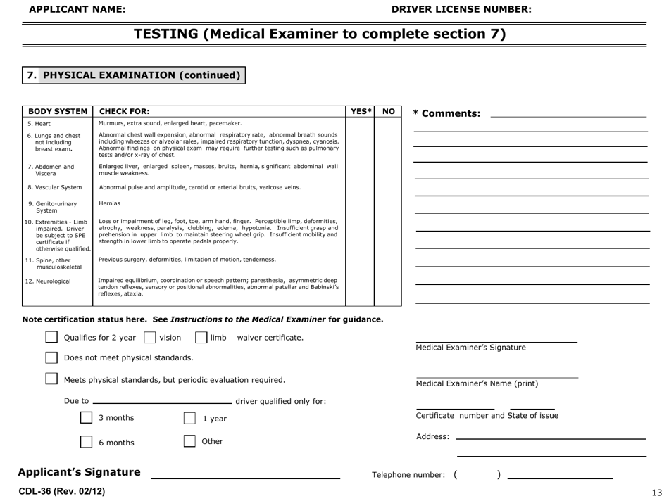 Form CDL-36 Texas Intrastate Vision Waiver Application and Physical Examination Report - Texas, Page 13