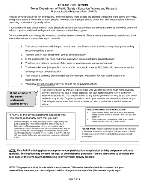 Form ETR-161 Physical Activity Readiness Form - Texas