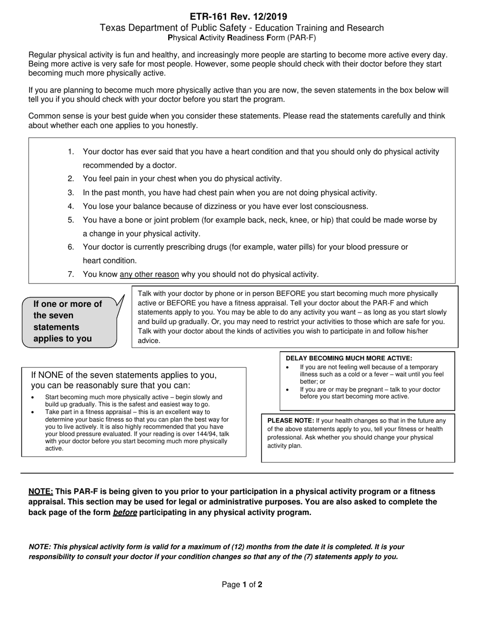 Form ETR-161 Physical Activity Readiness Form - Texas, Page 1
