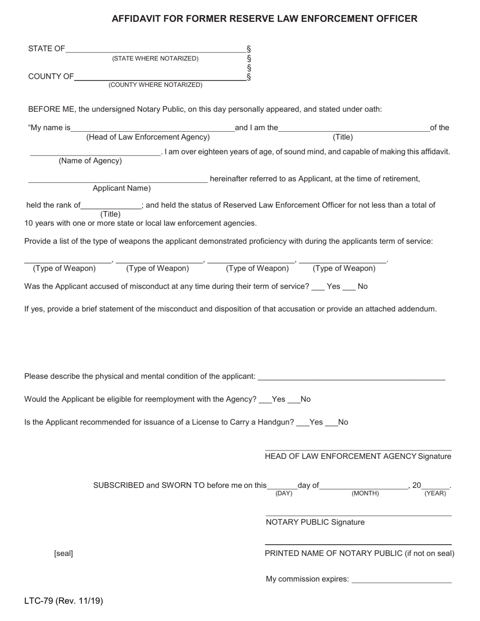 Form LTC-79 Affidavit for Former Reserve Law Enforcement Officer - Texas, Page 1