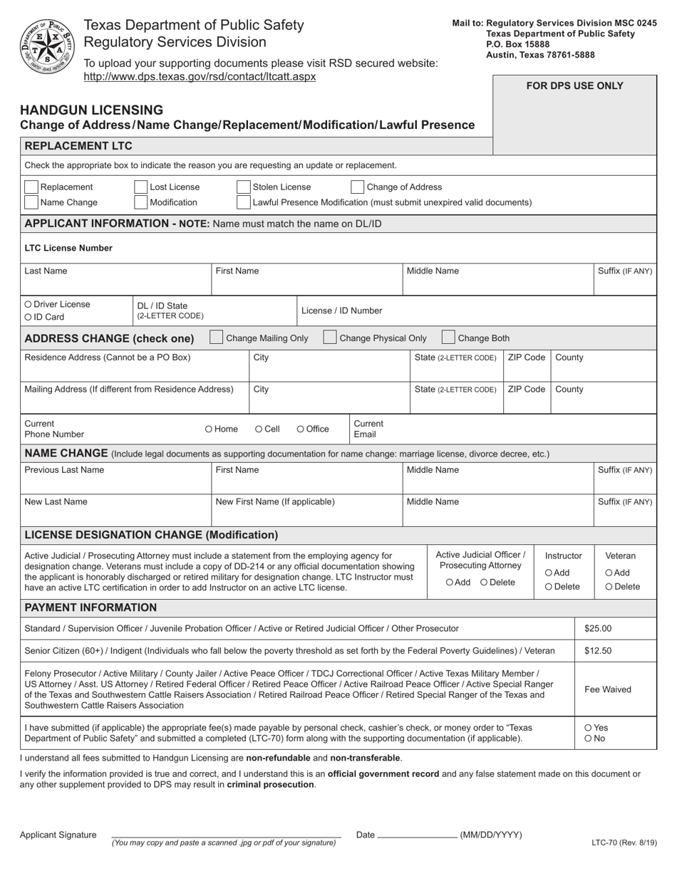 Form LTC-70 Handgun Licensing Change of Address / Name Change / Replacement / Modification / Lawful Presence - Texas, Page 1