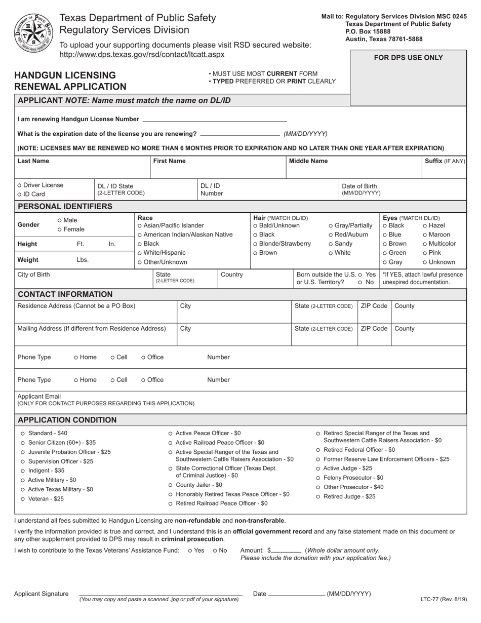 Form LTC-77 Handgun Licensing Renewal Application - Texas, Page 1