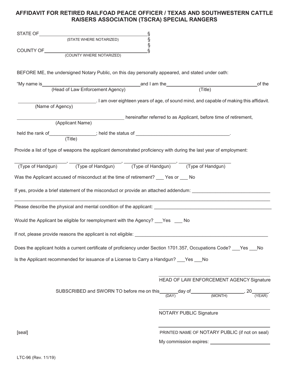 Form LTC-96 Affidavit for Retired Railfoad Peace Officer / Texas and Southwestern Cattle Raisers Association (Tscra) Special Rangers - Texas, Page 1