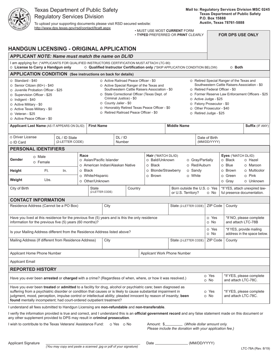 Form LTC-78A Handgun Licensing - Original Application - Texas, Page 1