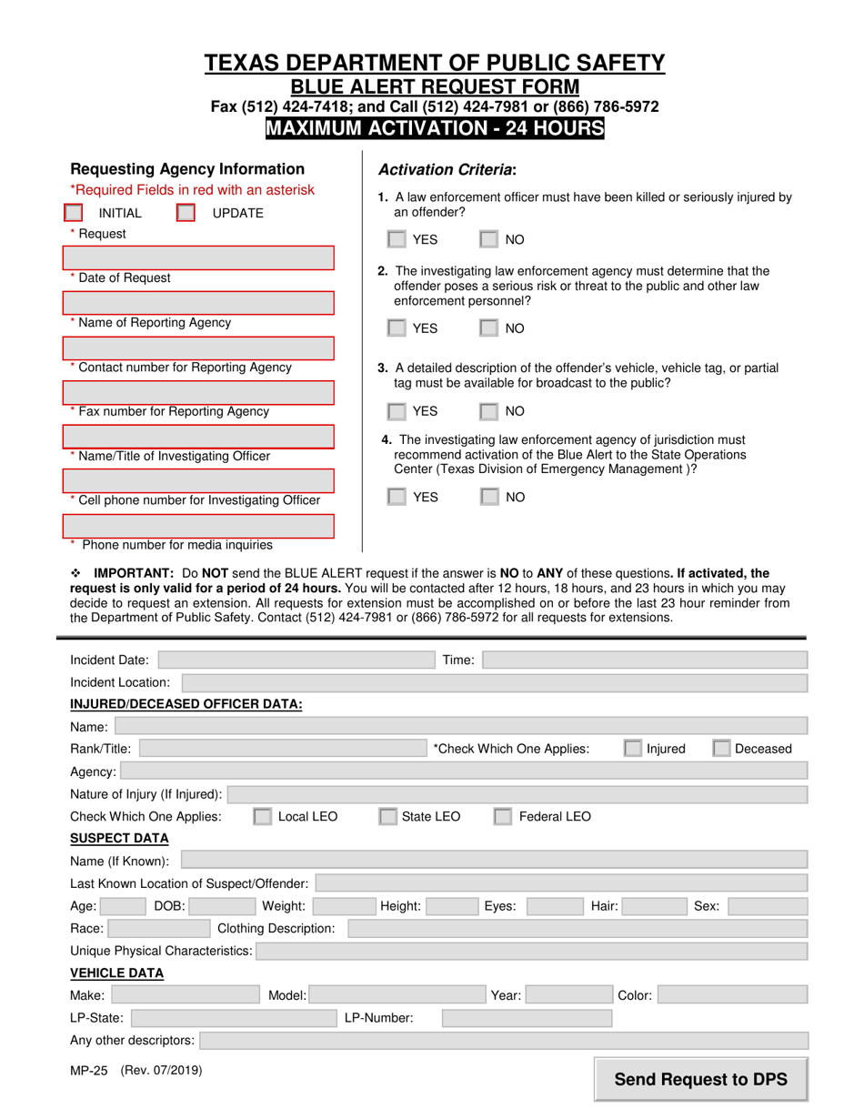 Form MP-25 Blue Alert Request Form - Texas, Page 1