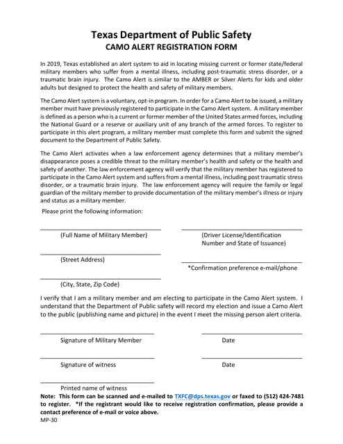 Form MP-30 Camo Alert Registration Form - Texas