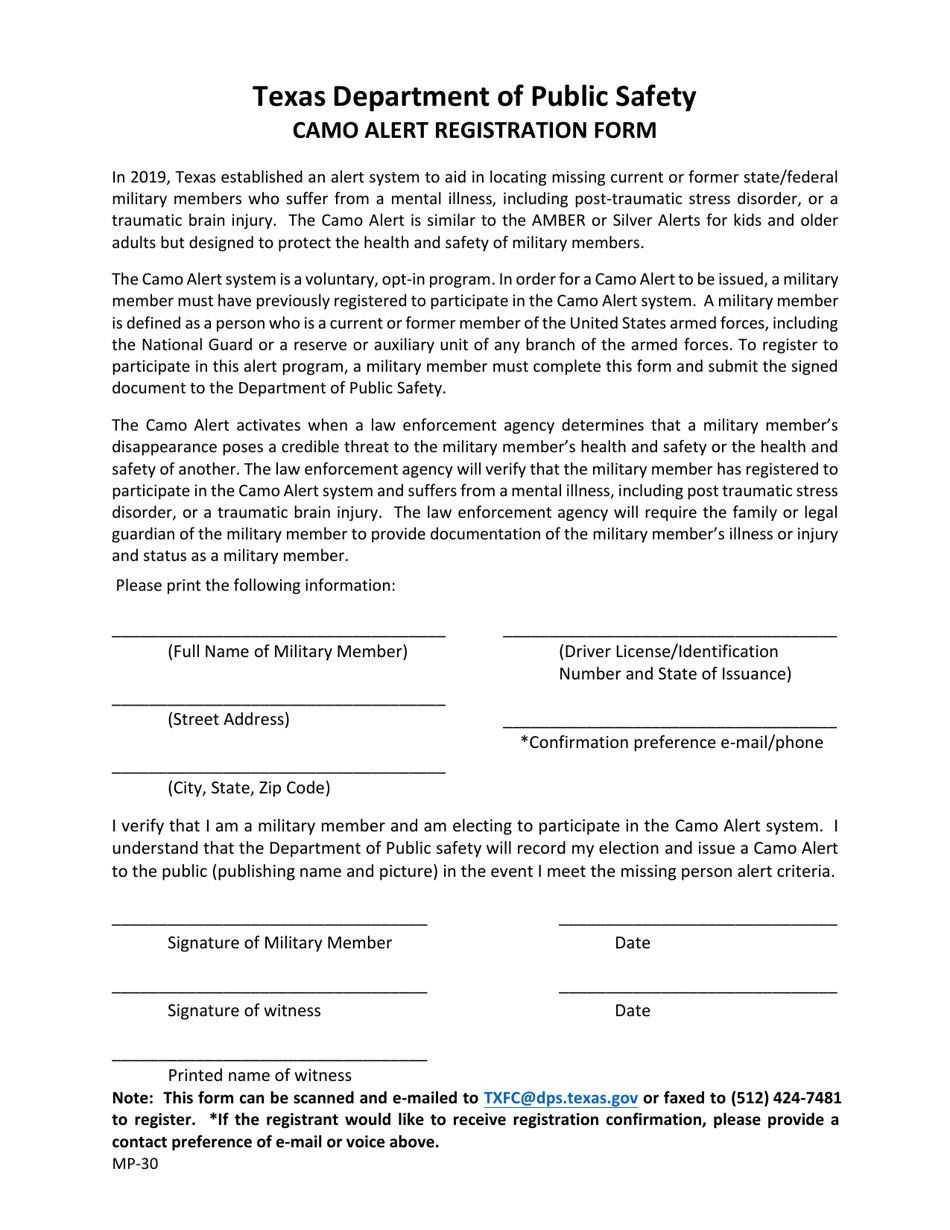 Form MP-30 Camo Alert Registration Form - Texas, Page 1