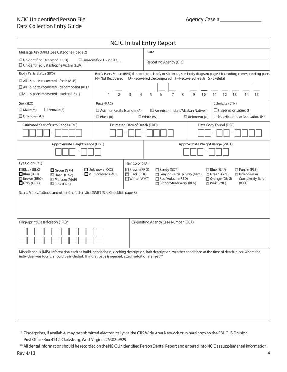 Form MP-5 Unidentified Person Report for Ncic Record Entry - Texas, Page 1