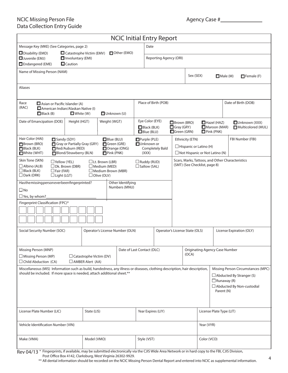 Form MP-4 Missing Persons Report for Ncic Record Entry - Texas, Page 1