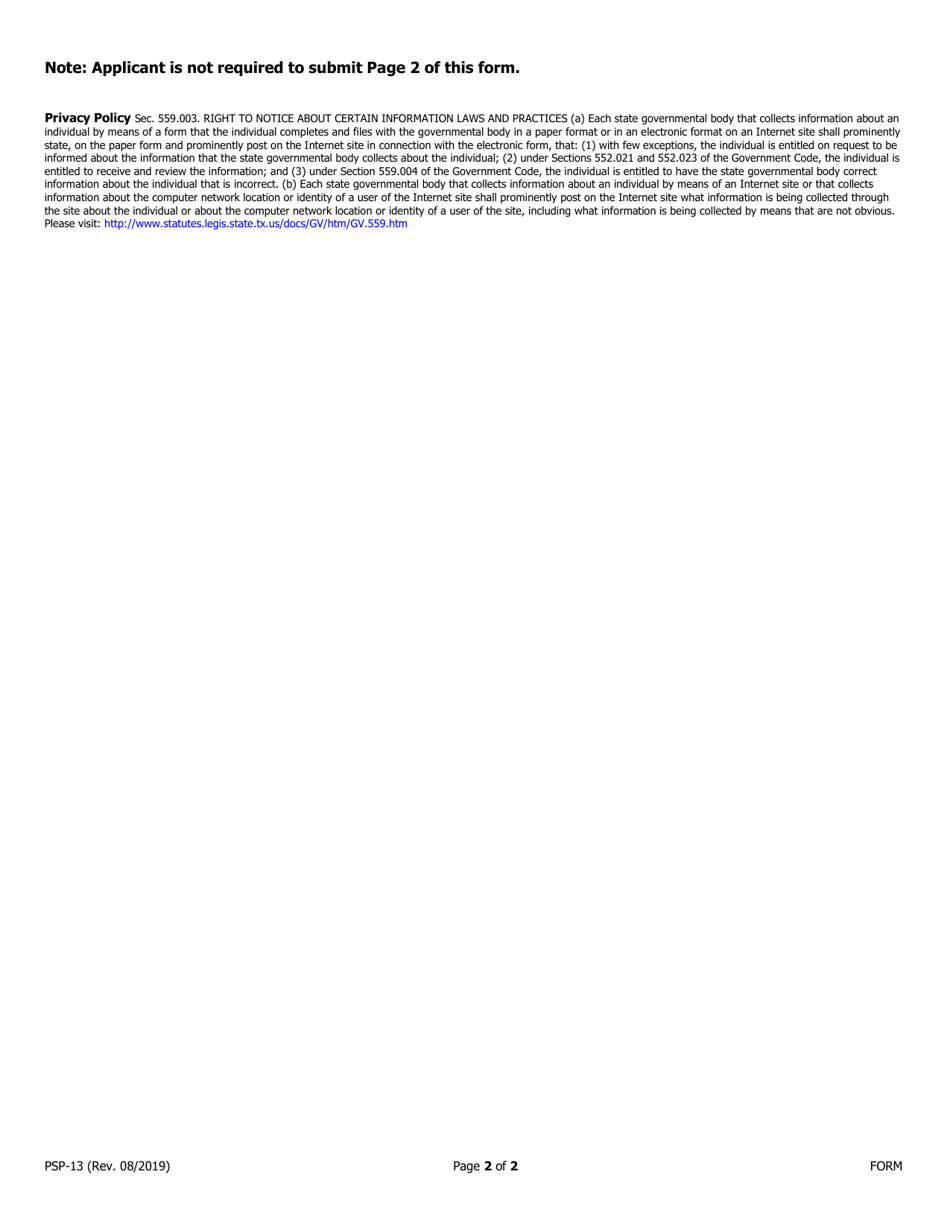 Form PSP-13 Declaration of Psychological and Emotional Health - Texas, Page 2