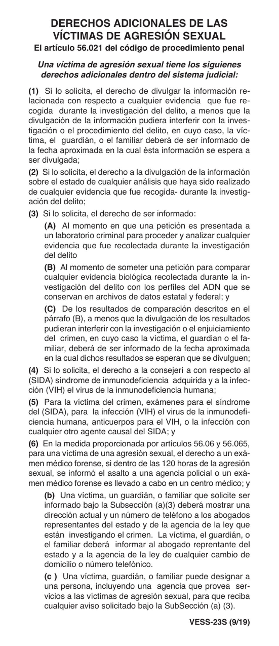 Formulario VESS-23S Derechos Adicionales De Las Victimas De Agresion Sexual - Texas (Spanish), Page 1