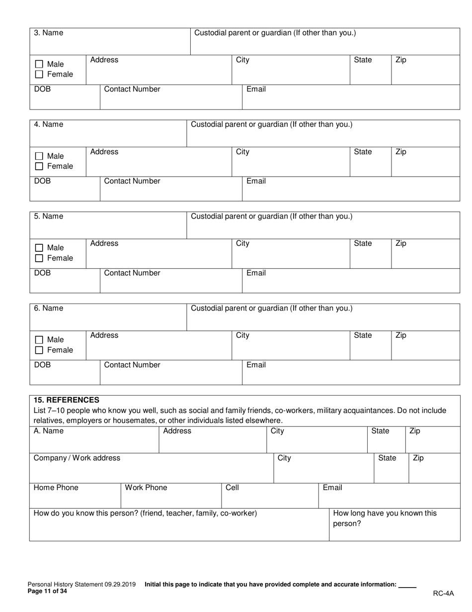 Form RC-4A Personal History Statement - Texas, Page 10