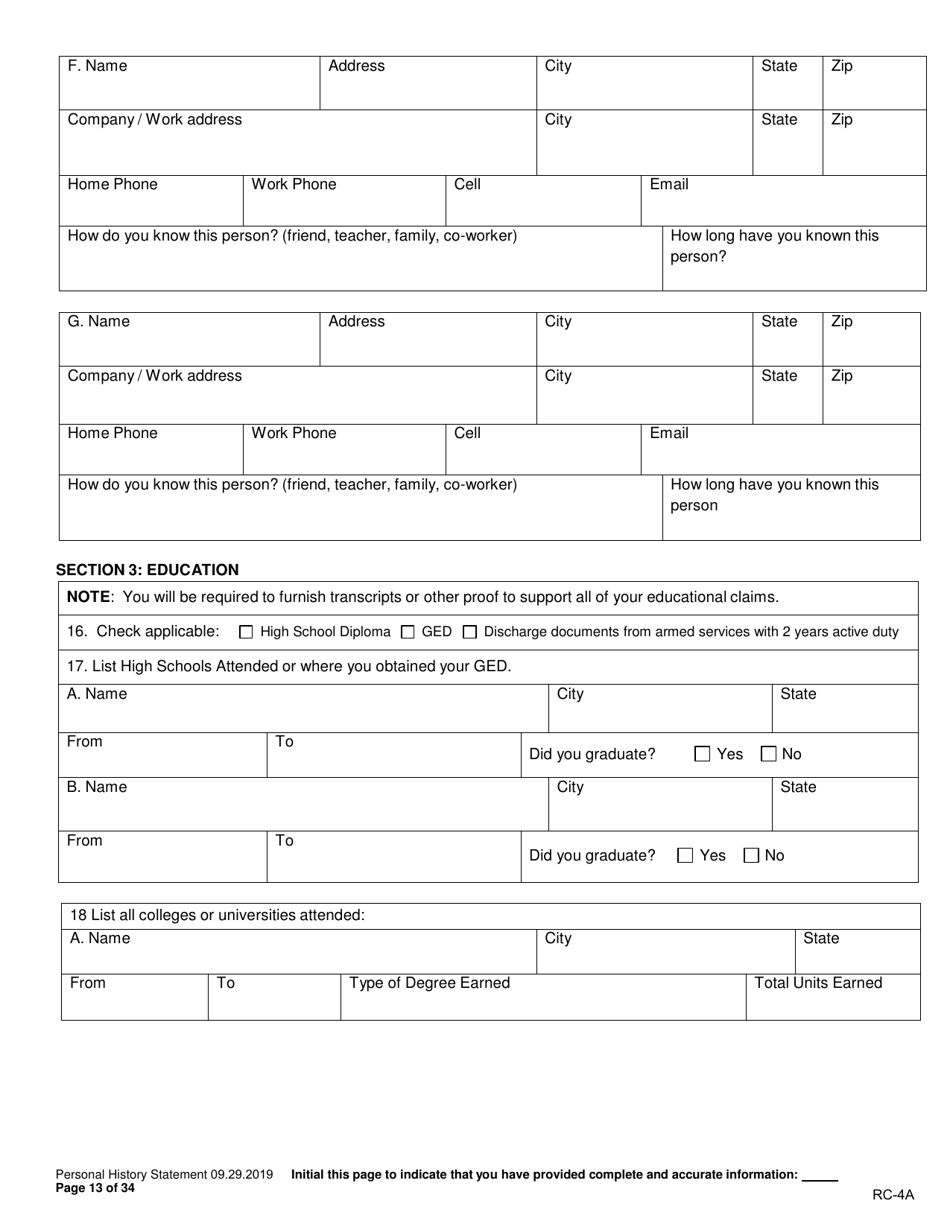 Form RC-4A Personal History Statement - Texas, Page 12