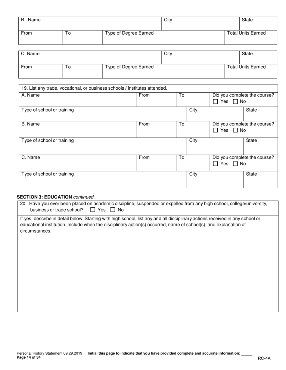Form RC-4A Personal History Statement - Texas, Page 13