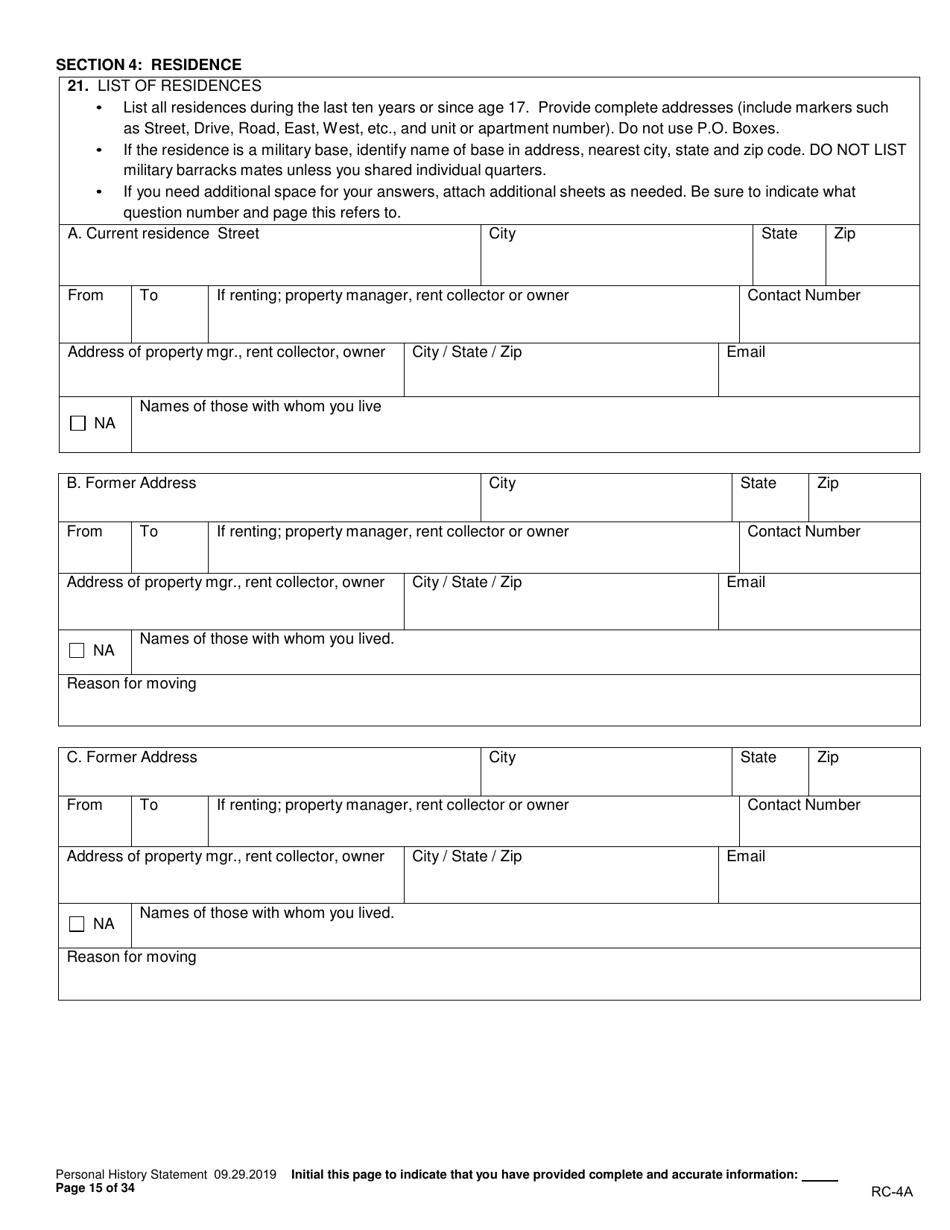 Form RC-4A Personal History Statement - Texas, Page 14