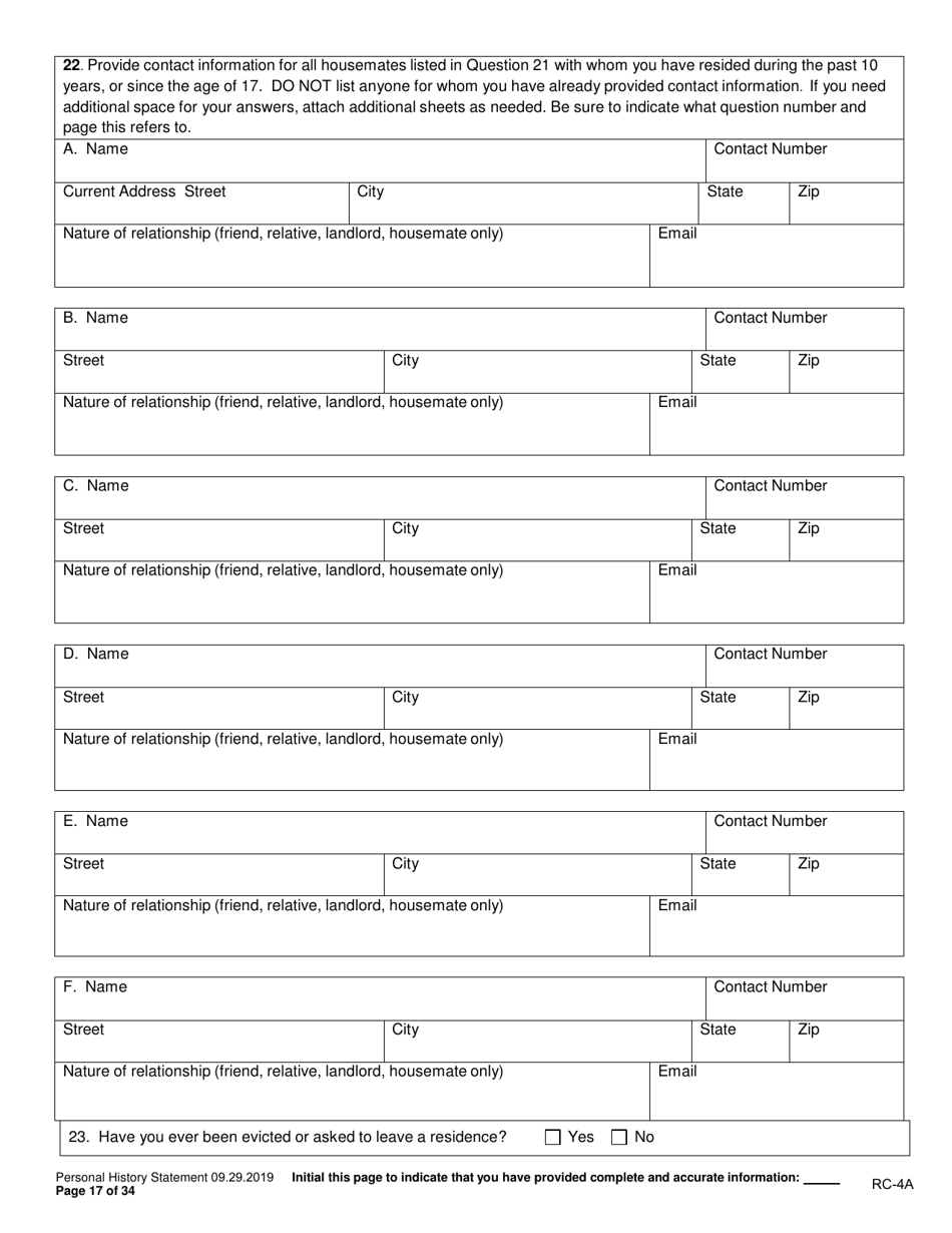 Form RC-4A Personal History Statement - Texas, Page 16