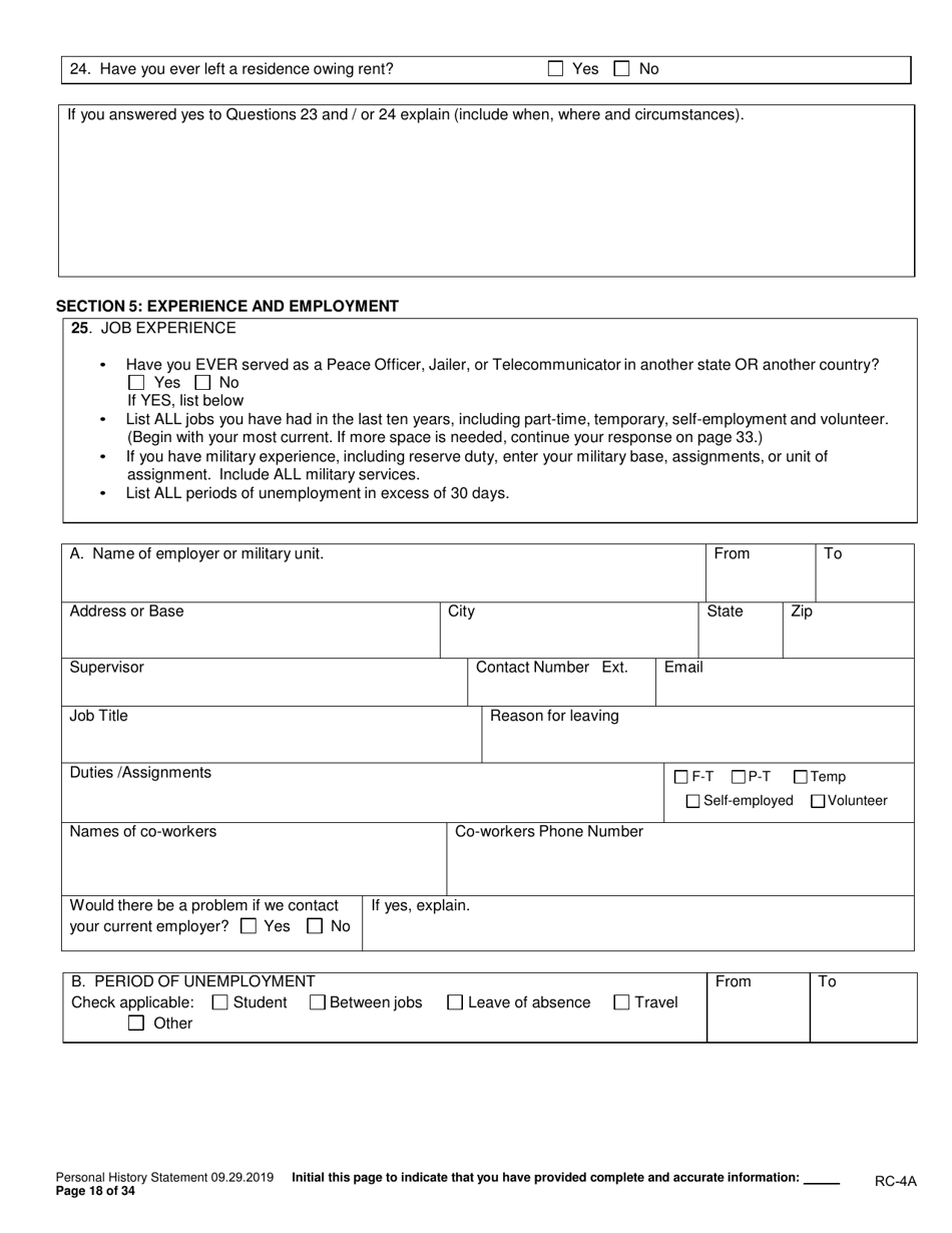 Form RC-4A Personal History Statement - Texas, Page 17