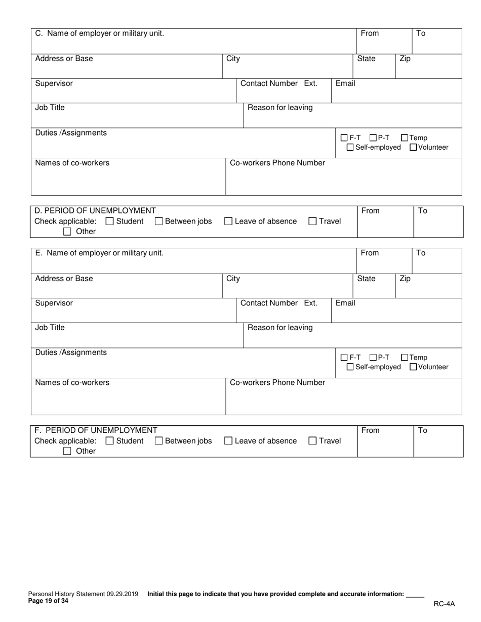Form RC-4A Personal History Statement - Texas, Page 18
