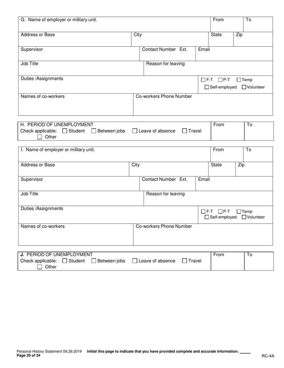 Form RC-4A Personal History Statement - Texas, Page 19