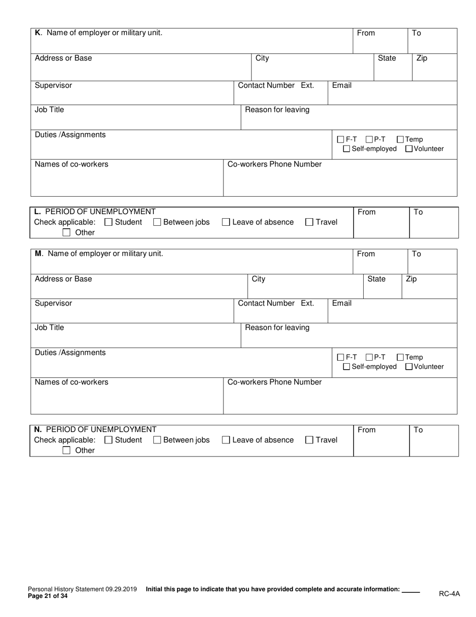 Form RC-4A Personal History Statement - Texas, Page 20