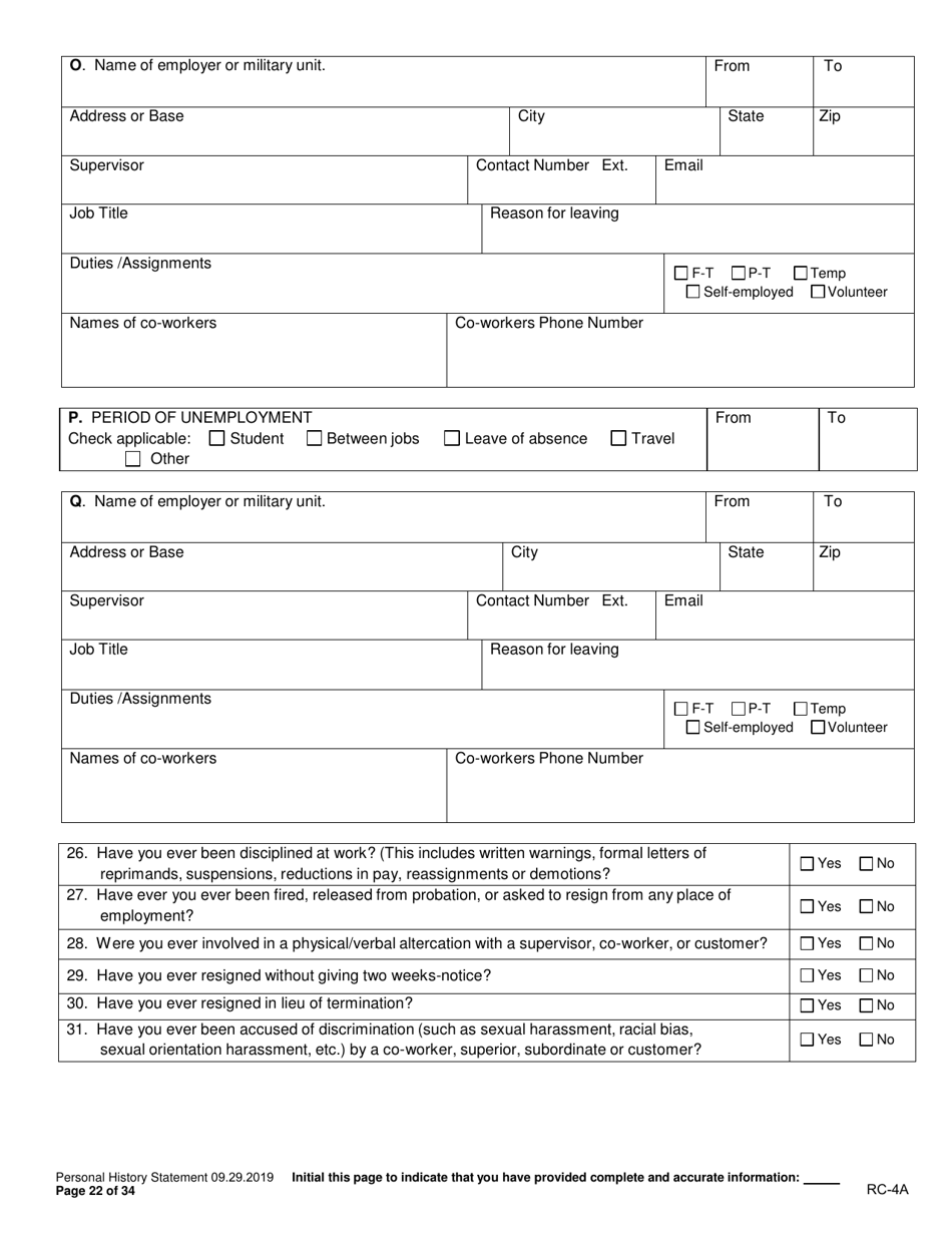 Form RC-4A Personal History Statement - Texas, Page 21