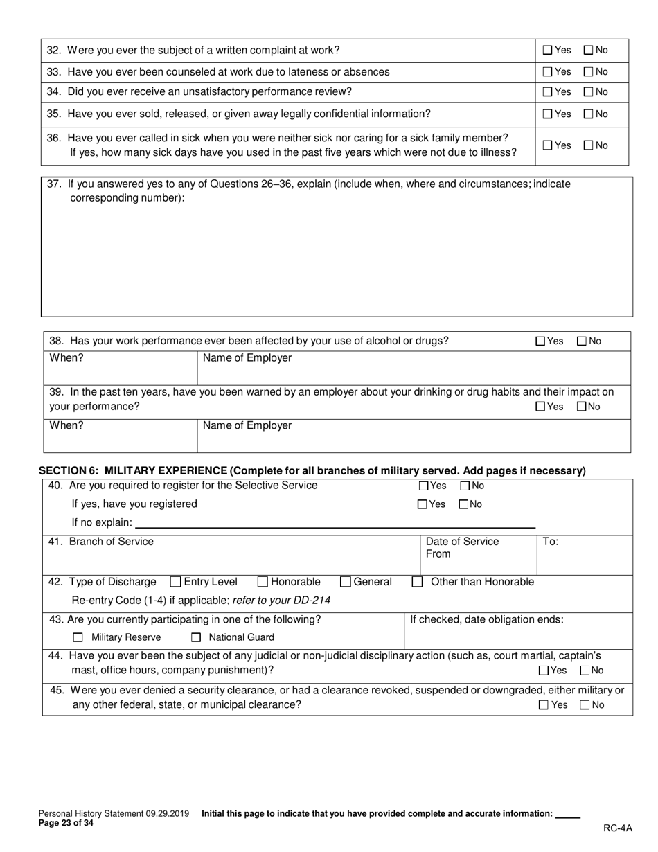 Form RC-4A Personal History Statement - Texas, Page 22