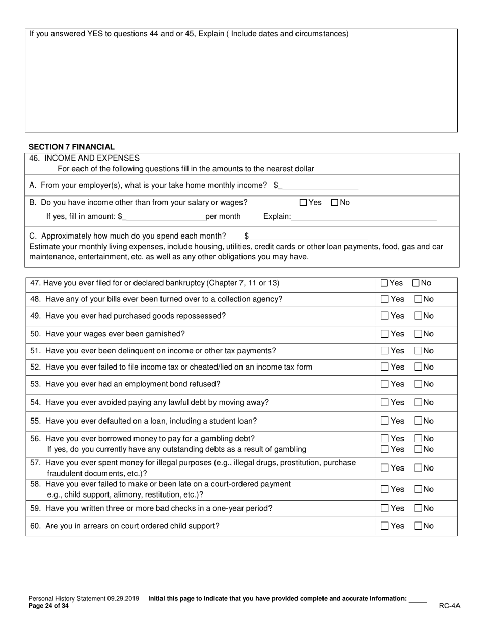 Form RC-4A Personal History Statement - Texas, Page 23