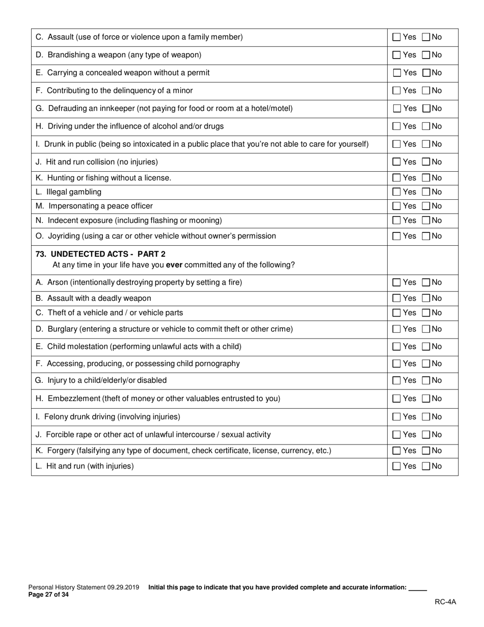 Form RC-4A Personal History Statement - Texas, Page 26
