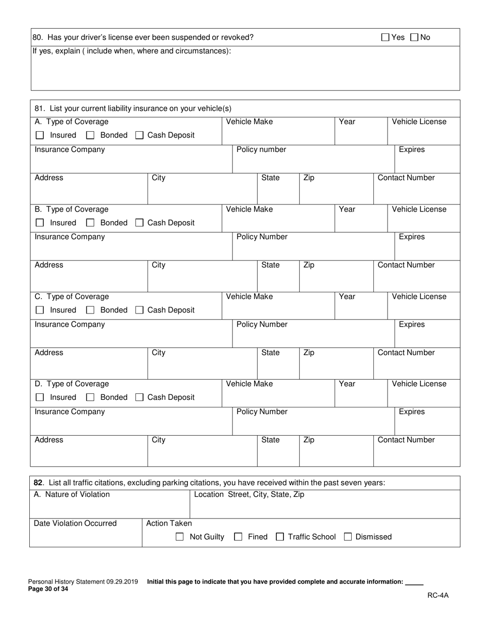 Form RC-4A Personal History Statement - Texas, Page 29