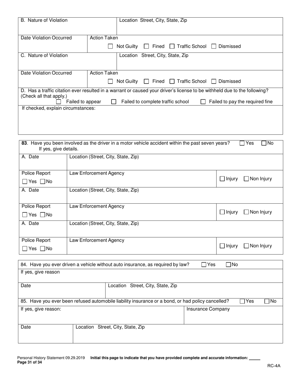 Form RC-4A Personal History Statement - Texas, Page 30