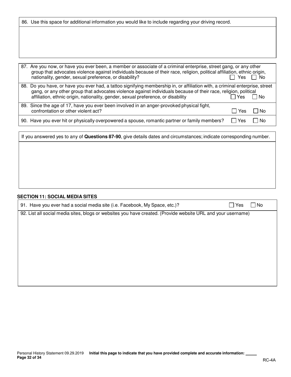 Form RC-4A Personal History Statement - Texas, Page 31