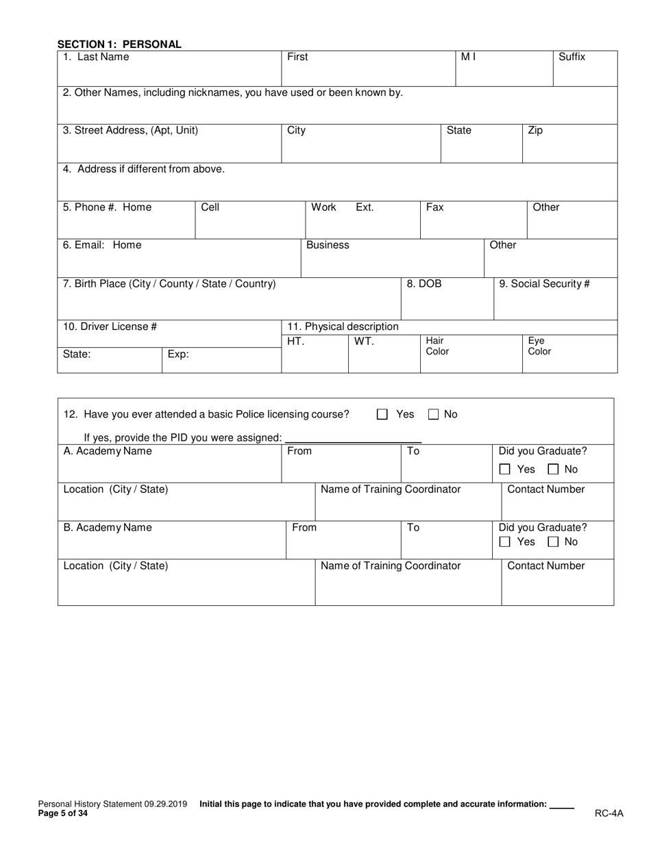 Form RC-4A Personal History Statement - Texas, Page 4