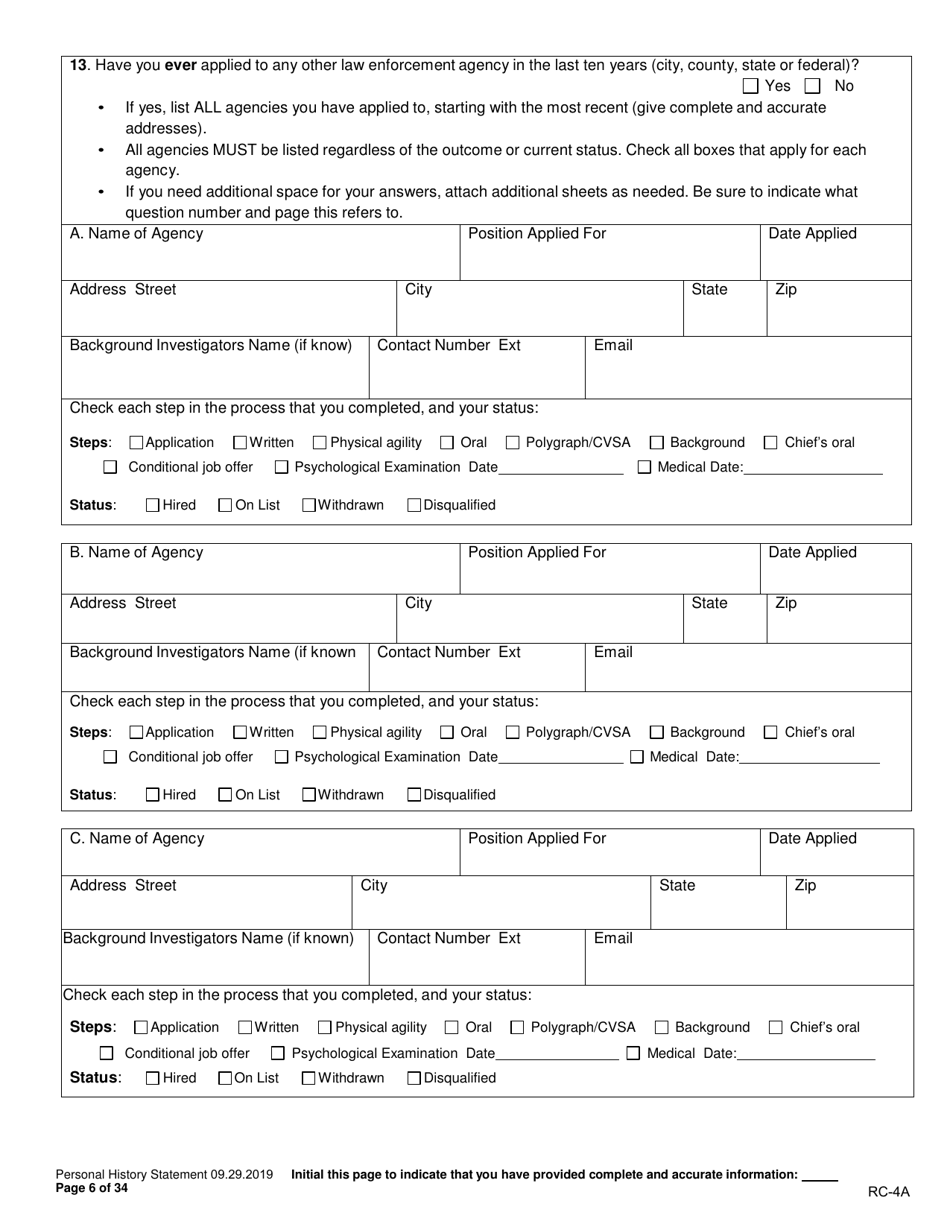 Form RC-4A Personal History Statement - Texas, Page 5